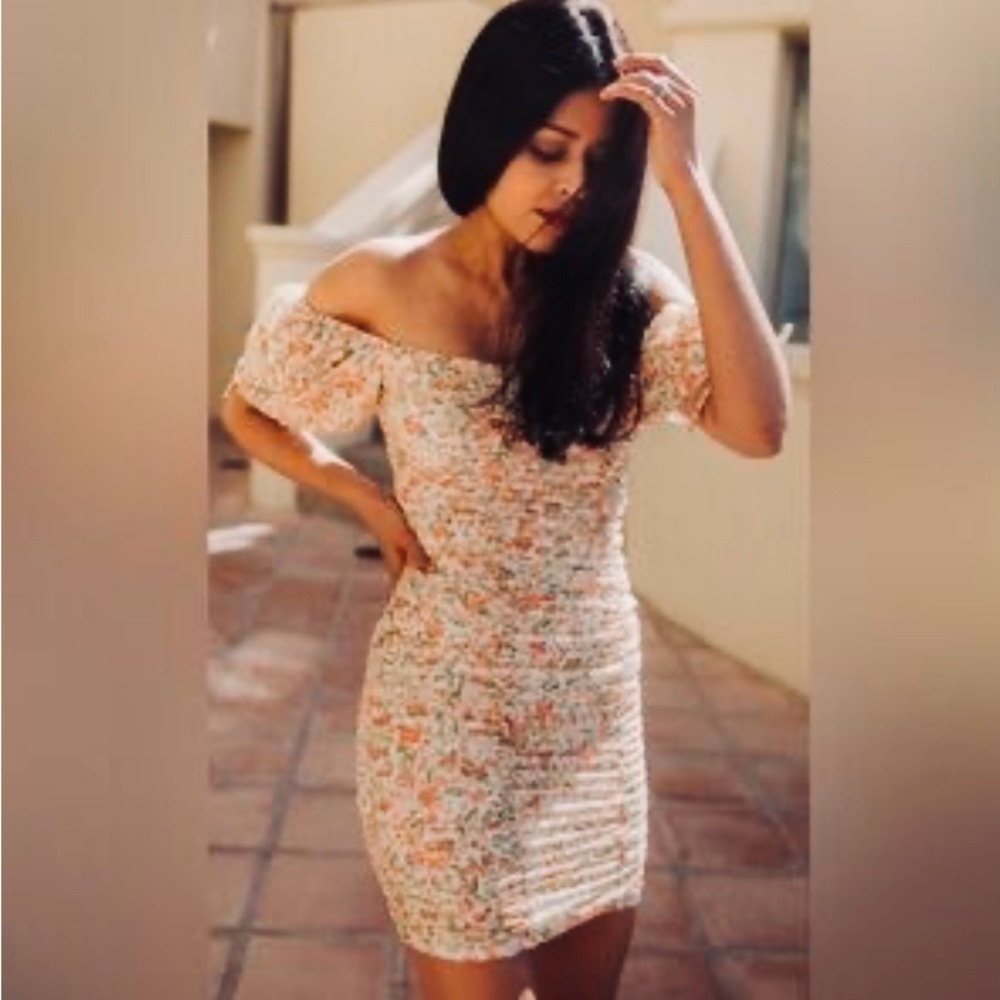 Trixxi Floral Off-Shoulder Mini Dress - Cream and Pink